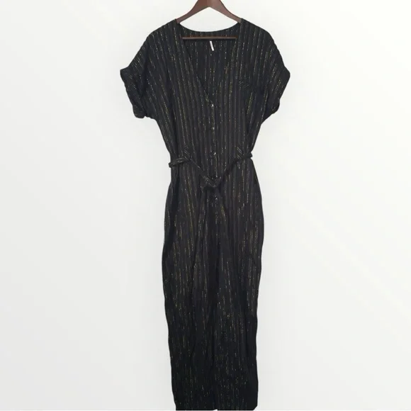 Free People Black Lurex Gold Pinstripe Jumpsuit - Picture 4 of 15
